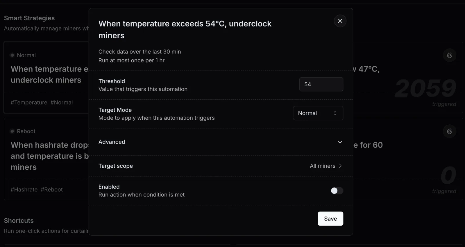 Nonce automation rule switching from overclocking back to standard mode when temperature exceeds 52℃