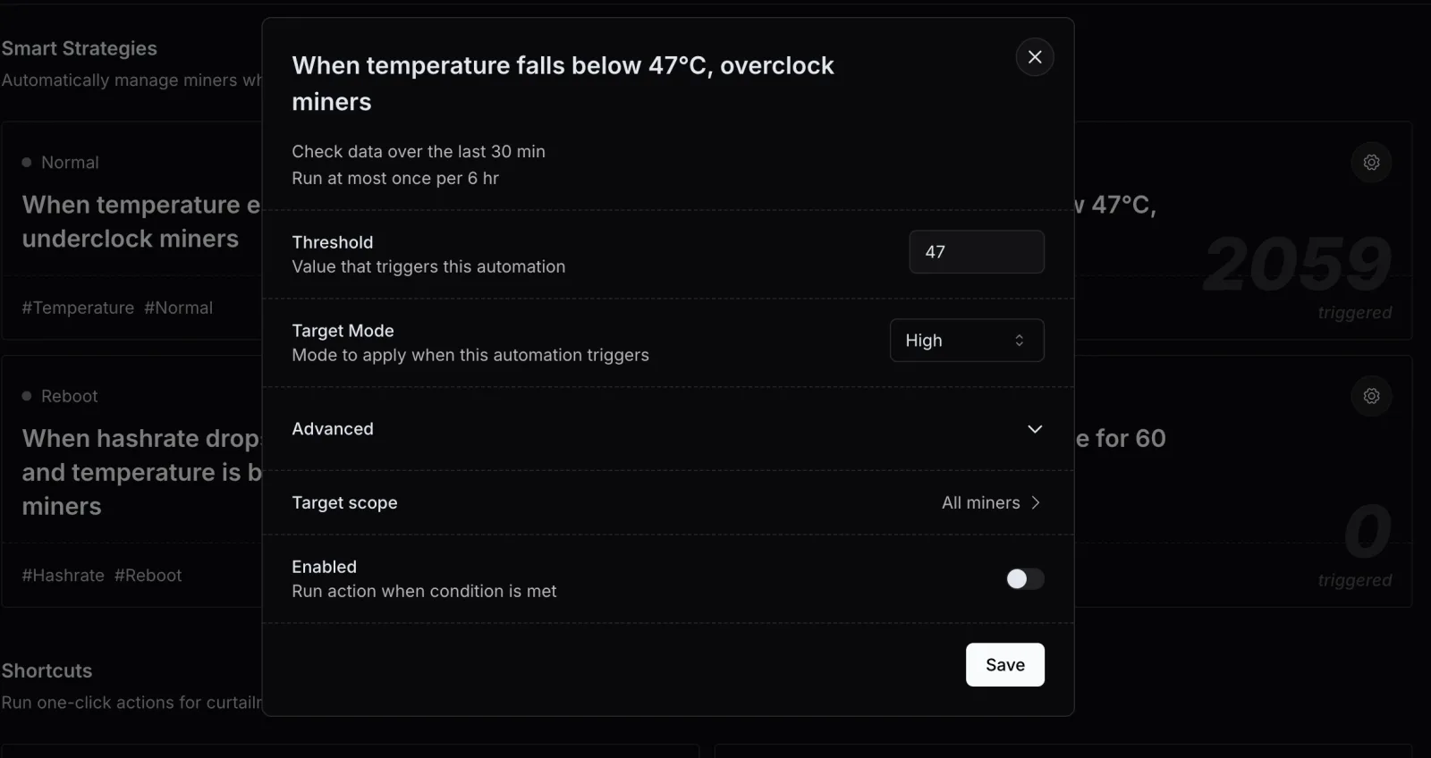 Nonce automation rule switching from standard mode back to overclocking when temperature drops below 45℃