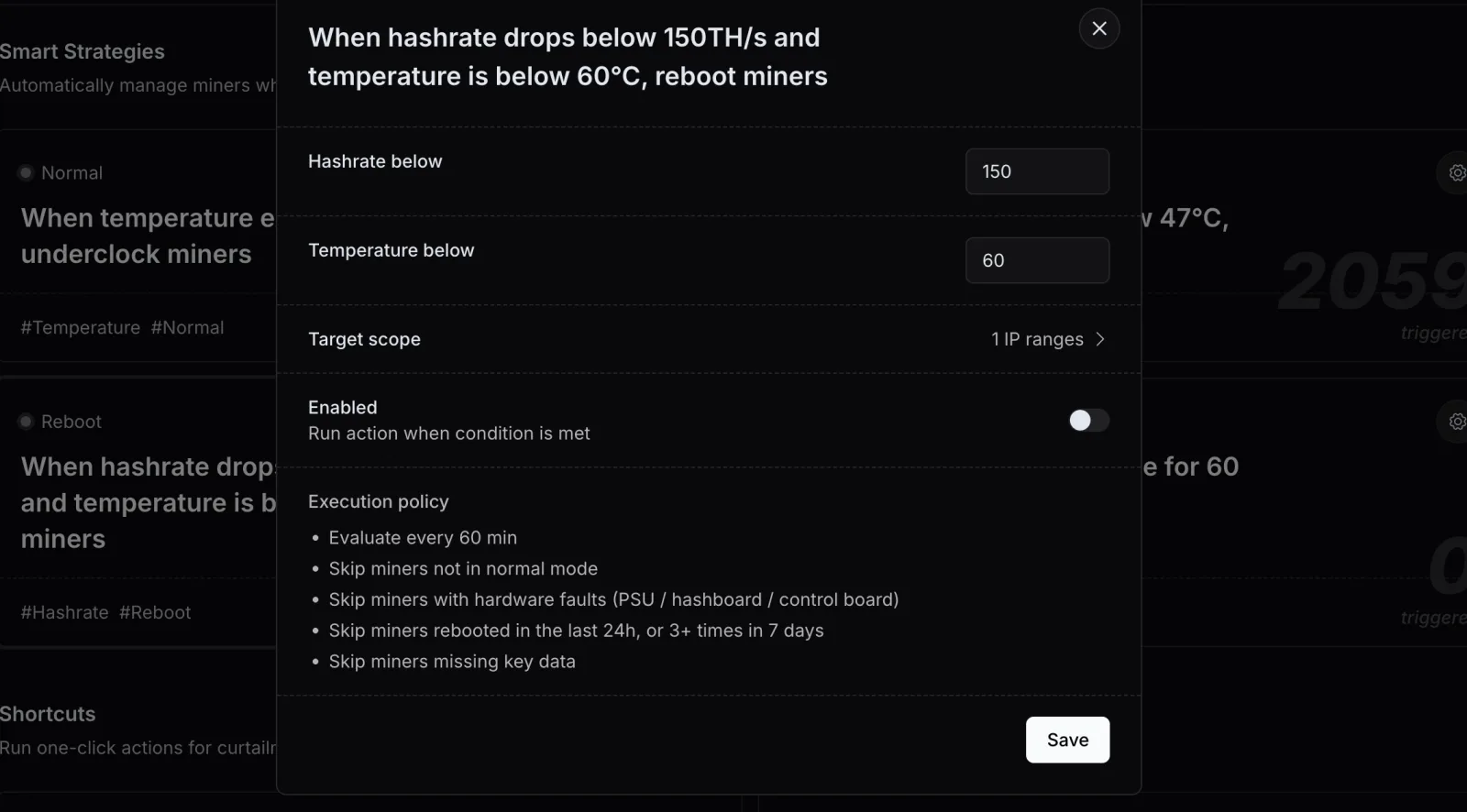 Nonce automation rule automatically rebooting low-hashrate, low-temperature miners