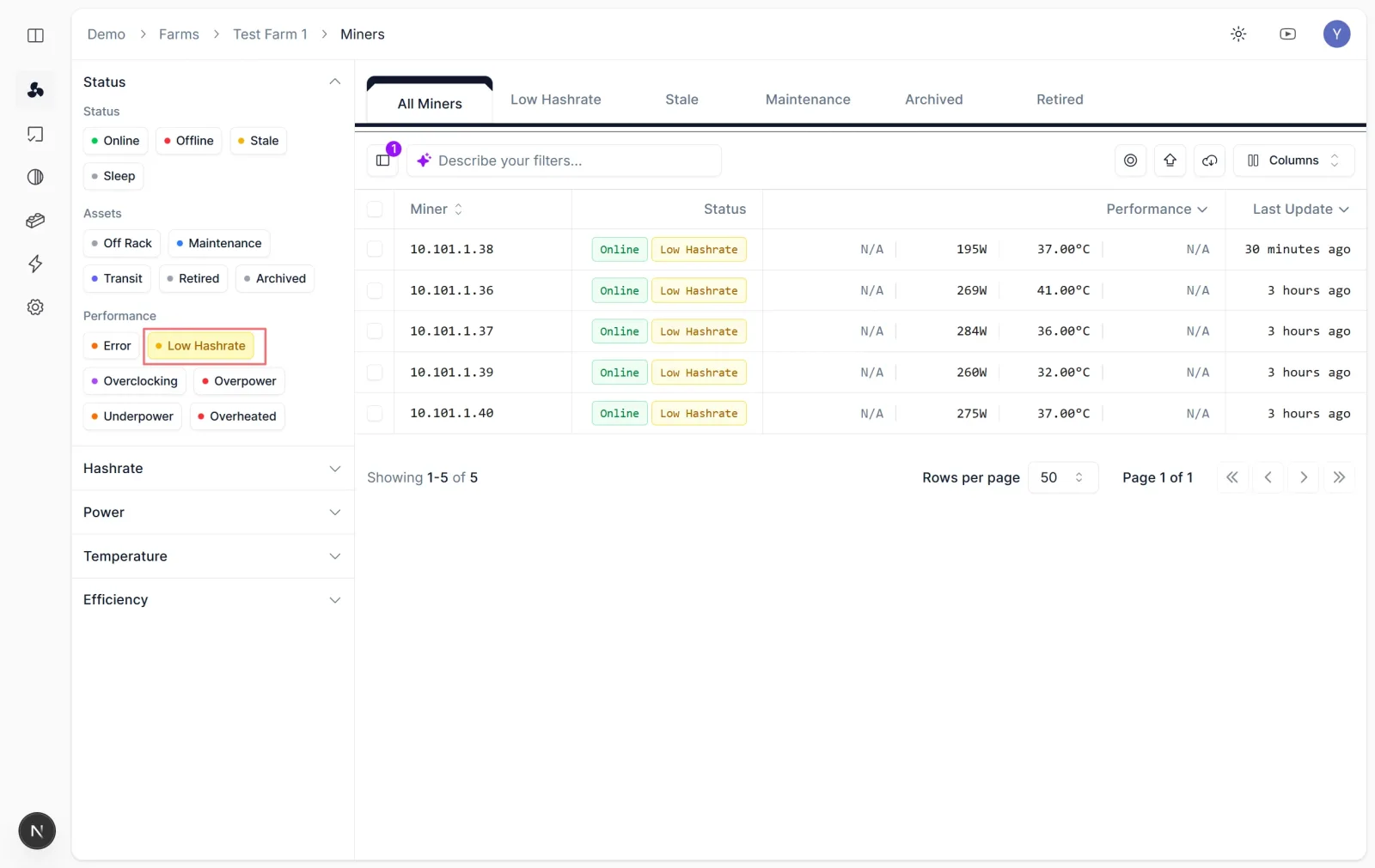 Nonce automatically filtering miners in Low Hashrate status