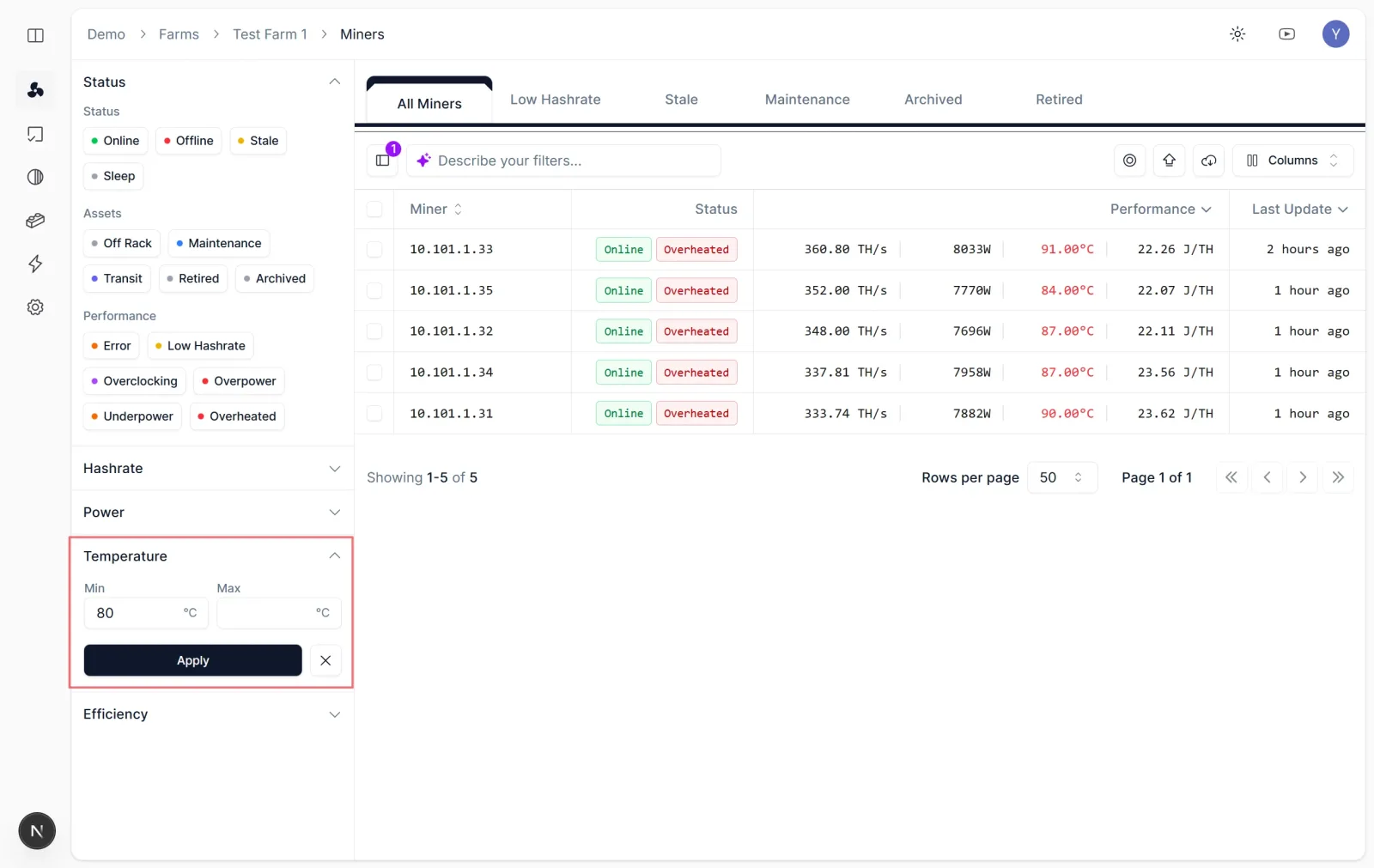 Nonce mining farm management platform filtering overheated miners by temperature