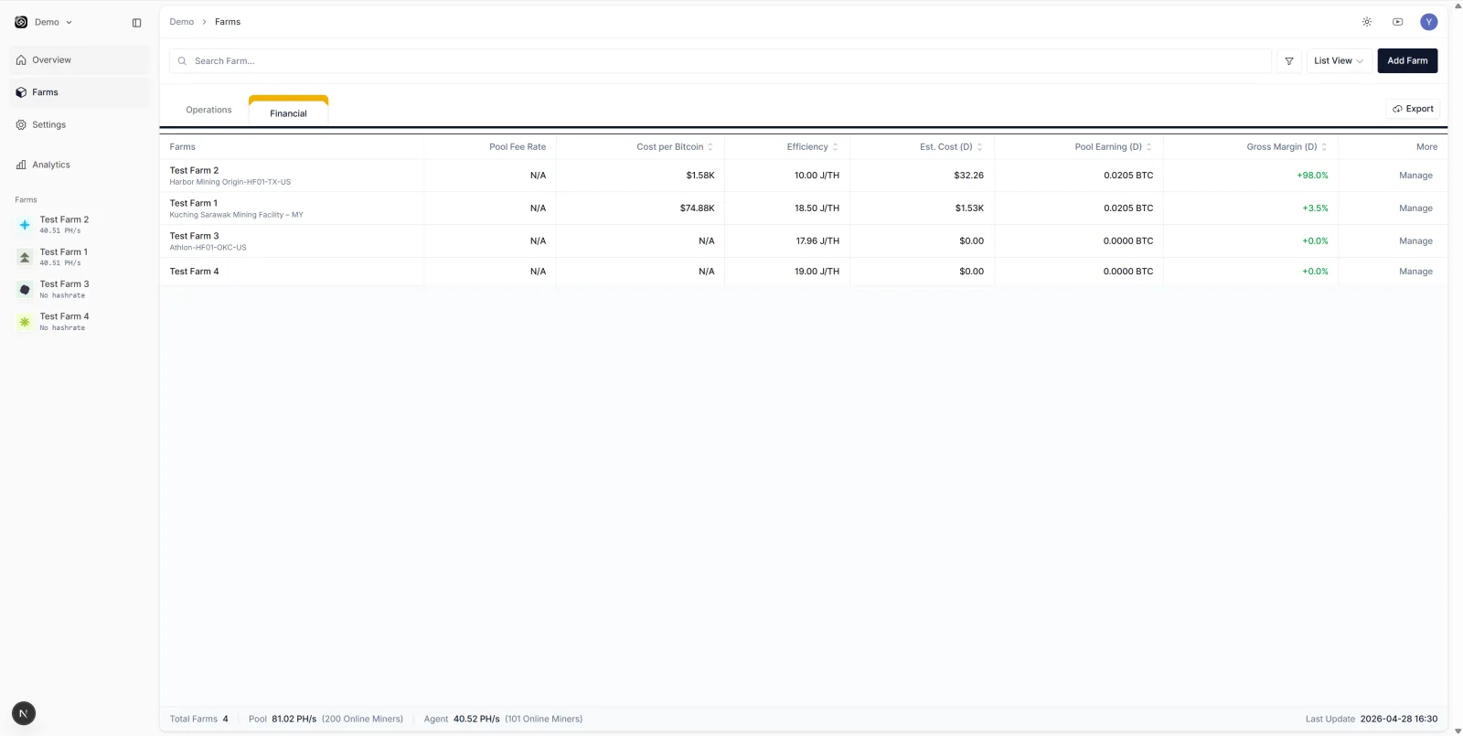 Nonce Workspace multi-farm operations view, one row per farm