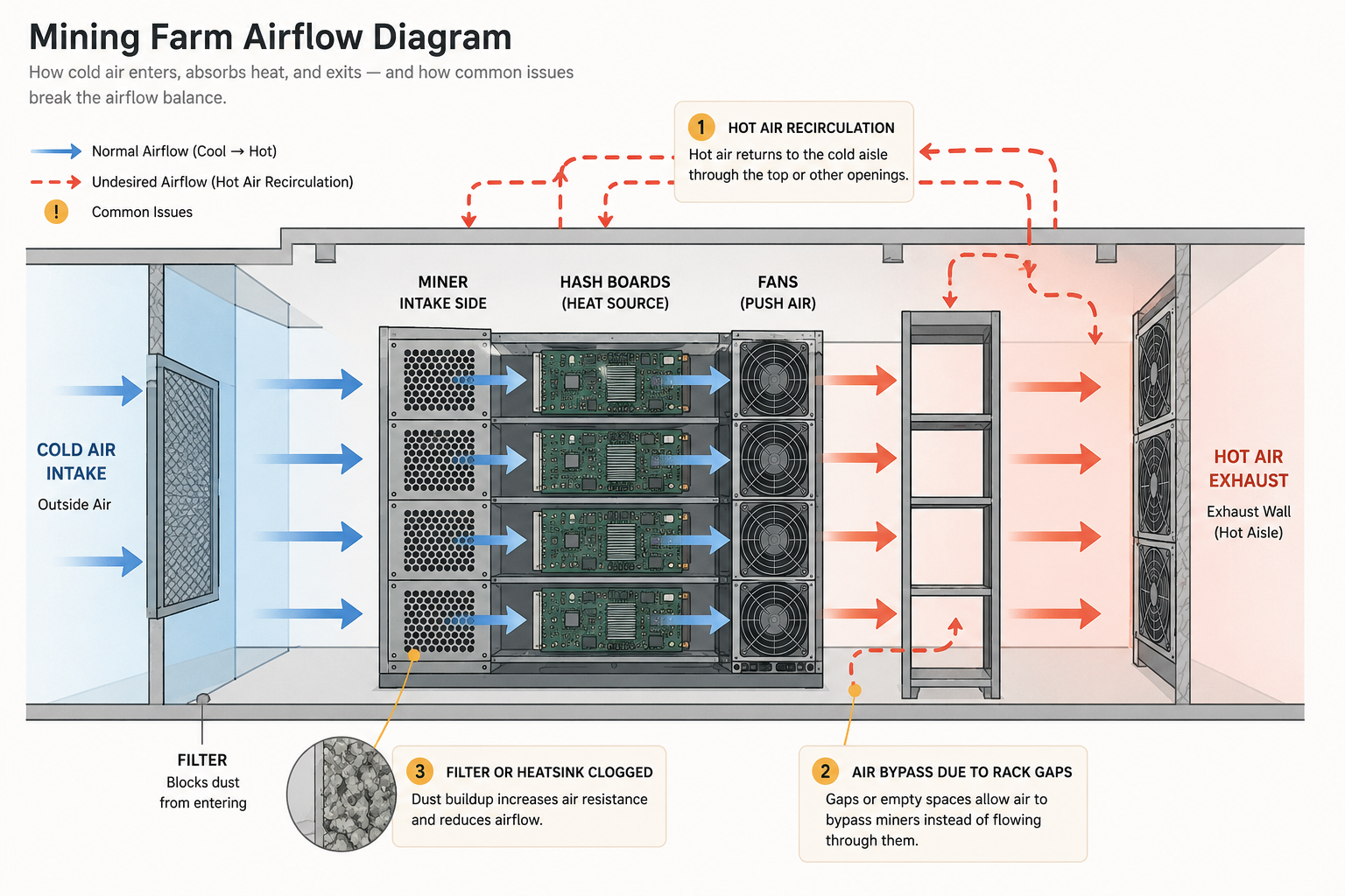 A wall of air-cooled miners releasing heat