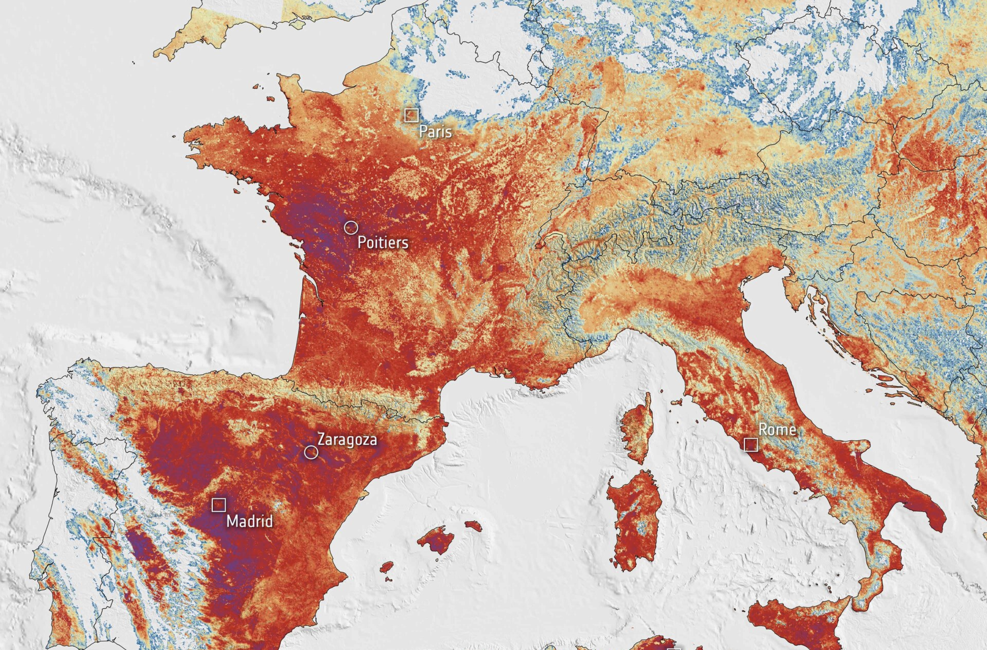 Western Europe hottest-June-on-record temperature map